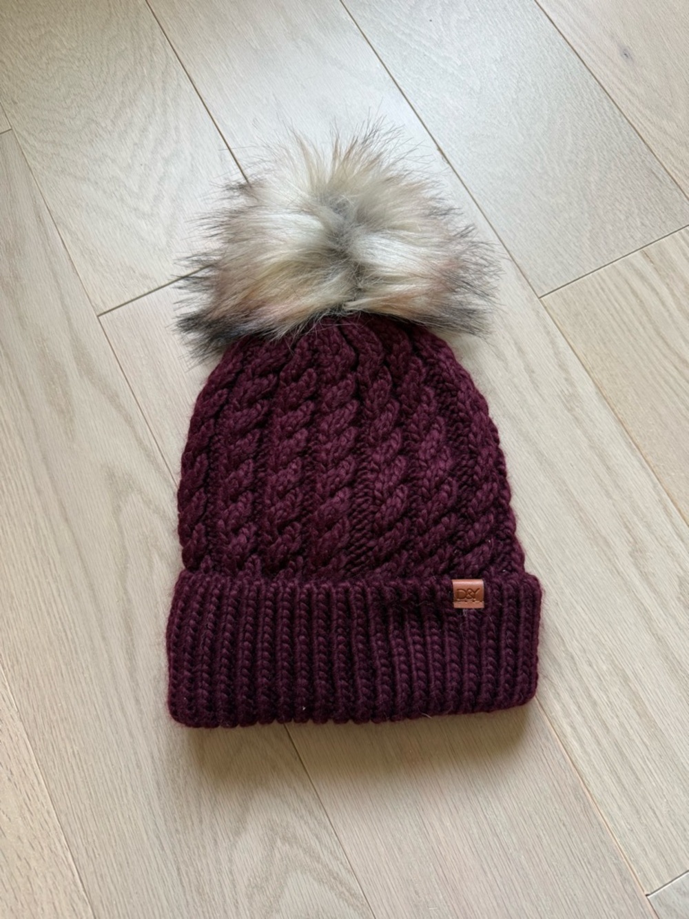 D&Y Burgundy Knit Pom Pom Beanie with Faux Fur